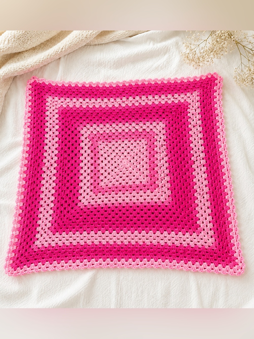 Handmade Pink Granny Square Crochet Blanket 41x41 Acrylic Throw